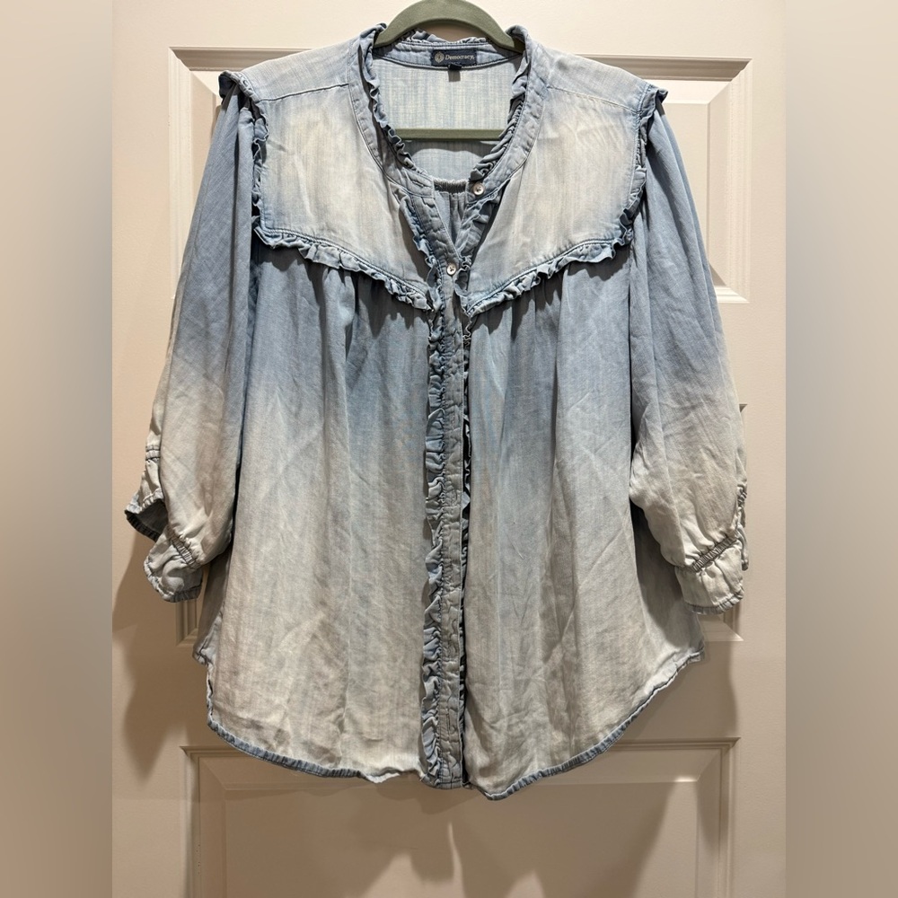 Democracy Light Blue Washed Denim Ruffle-Trim button down top